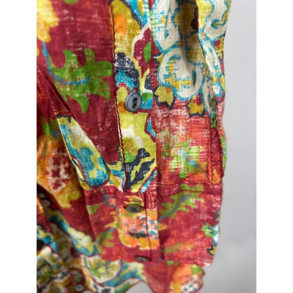 Cino Medallion Button Down Shirt Women's S Velvet Trim Red Crinkle Cotton BOHO - Picture 3 of 12